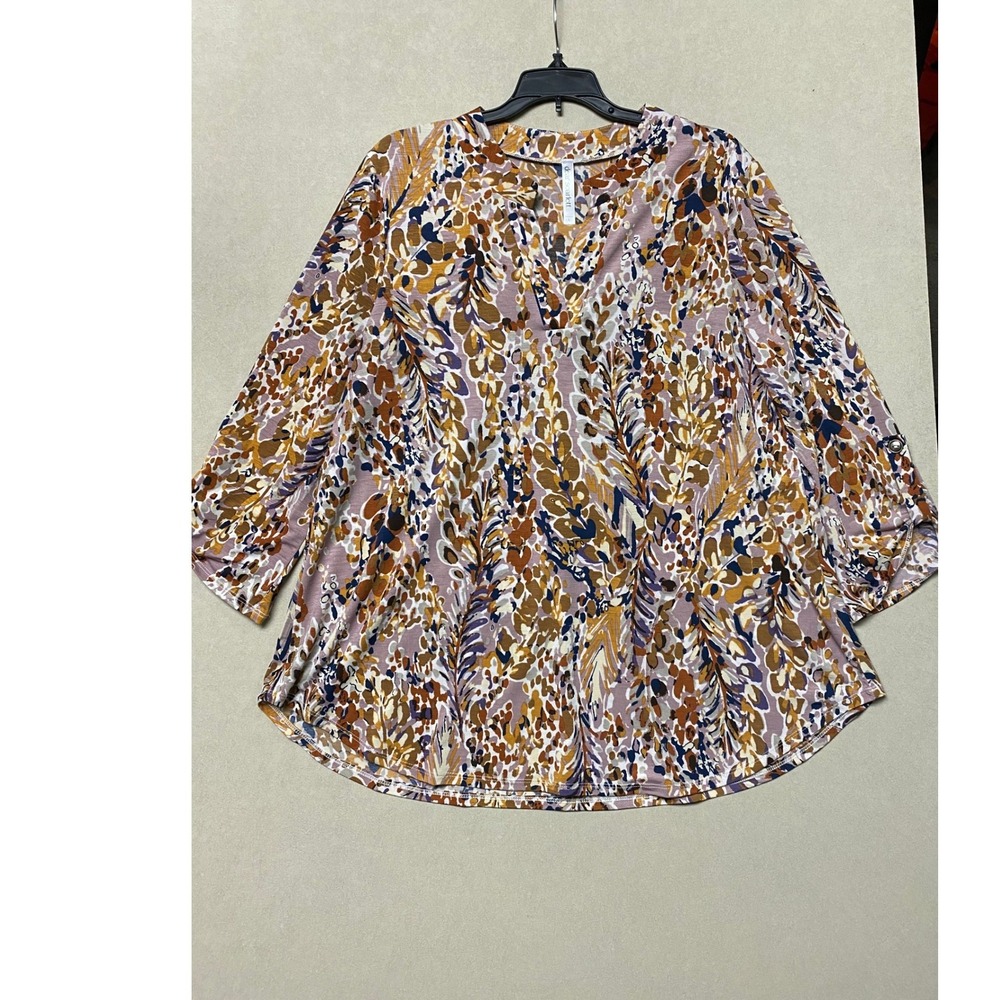 Dear Scarlett Womens Large V-Neck Tunic Top Abstract Floral Roll Tab 3/4 Sleeve